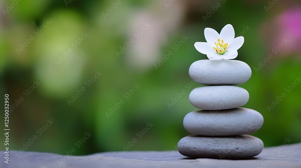 Aufkleber zen stone stack with white flower and soft green background : generative ai