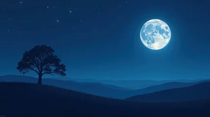 Serene Night Landscape Solitary Tree Silhouetted Against a Full Moon and Starry Sky Over Rolling Hills
