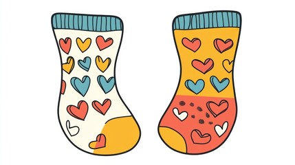 Colorful heart socks, kids' fashion, white background, illustration, perfect for apparel
