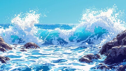 Vibrant Ocean Waves Crashing on Rocky Shore