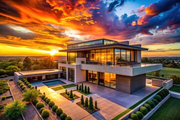Fototapeta premium Captivating sunset views of a modern house's stunning architecture, landscape, and skyline.