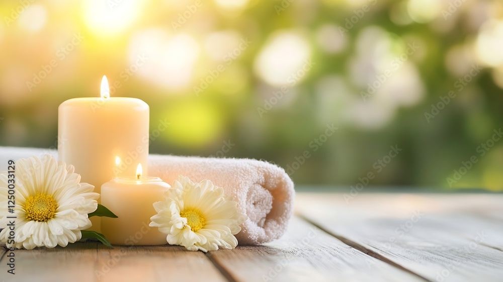 Poster serene spa setting with candles and flowers for relaxation and wellness : generative ai