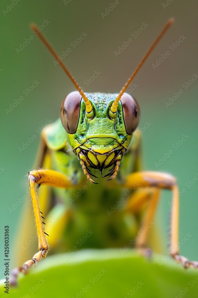 Poster close-up of a vibrant green grasshopper perched on a leaf with intricate details of its eyes and bod