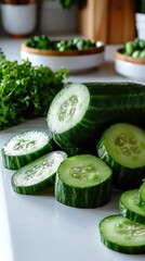 Sliced Cucumbers On White Countertop
