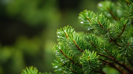 Fototapeta premium Close up shot of vibrant green pine tree leaves drenched in morning raindrops : Generative AI