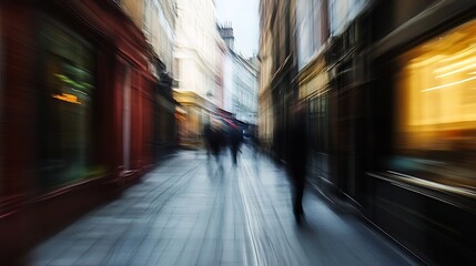 Motion Blurred Image of People Walking in a Busy City Street at Night : Generative AI