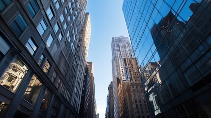 Naklejka premium Skyward View of Modern Skyscrapers Reflecting Light in an Urban Landscape : Generative AI