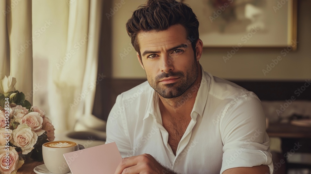 Poster a man in a casual white shirt pensively examines a light pink notepad on a table adorned with a cup 