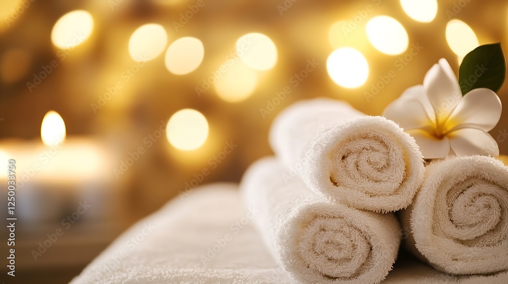 Poster spa essentials featuring rolled towels and a delicate flower with soft warm lighting : generative ai