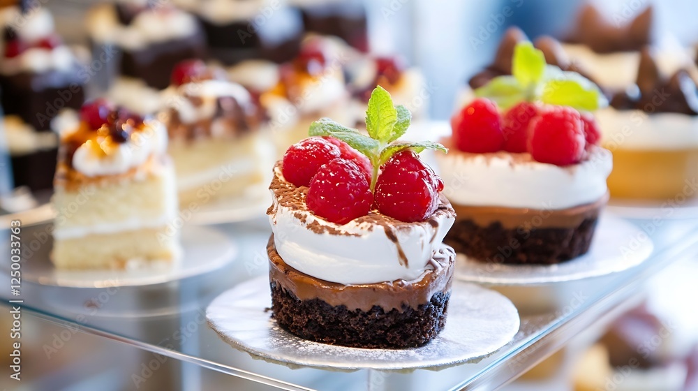 Poster delicious assorted mini cakes with fresh berries and chocolate decorations on display : generative a