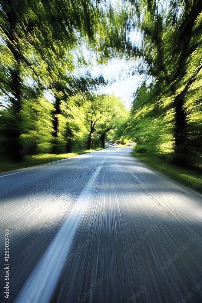 Poster scenic blurred view of a tree-lined road during a sunny day : generative ai