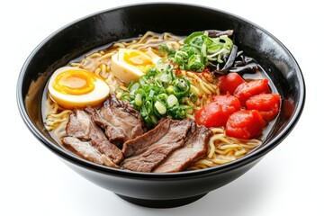 Delicious ramen bowl with sliced meat, egg, and tomatoes. Perfect for illustrating food blogs, restaurant menus, or Asian cuisine.