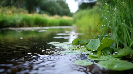 Obraz premium Lush Green Stream with Water Lilies and Reflections of Nature in a Serene Setting : Generative AI