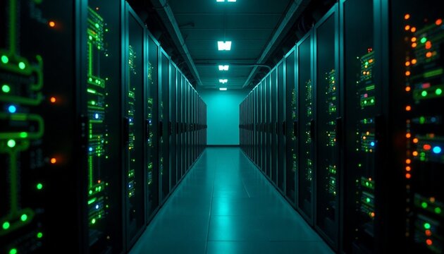 Futuristic Data Center Rows of Servers in a High-Tech Room with Green and Blue Digital Lighting