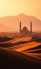Serene mosque amid rolling desert dunes under a warm ethereal glow landscape image