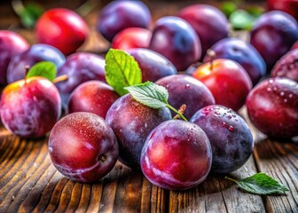Obraz premium Close-up still life photography showcasing the vibrant hues and juicy texture of ripe red and purple plums.