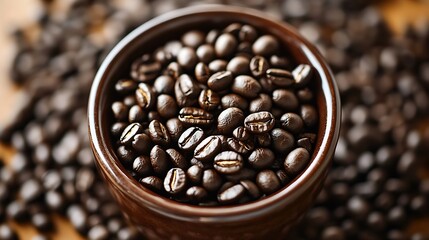 Fototapeta premium Freshly roasted coffee beans in a bowl creating an inviting atmosphere for coffee lovers : Generative AI