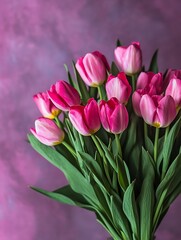 Obraz premium Stunning Bouquet of Fresh Pink Tulips with Green Leaves Set Against a Soft Pastel Background : Generative AI