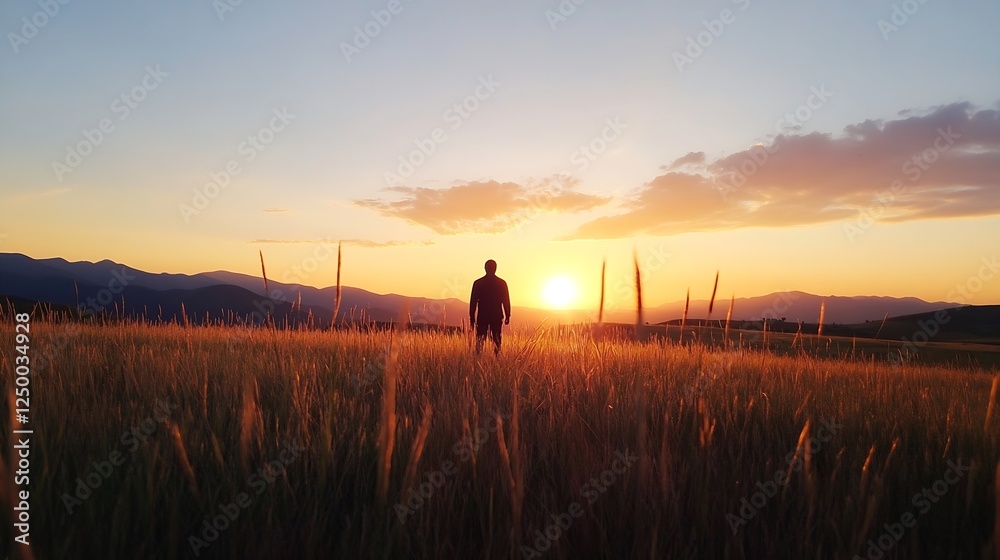 Poster stunning sunset over rolling fields with silhouetted person captured in golden light : generative ai