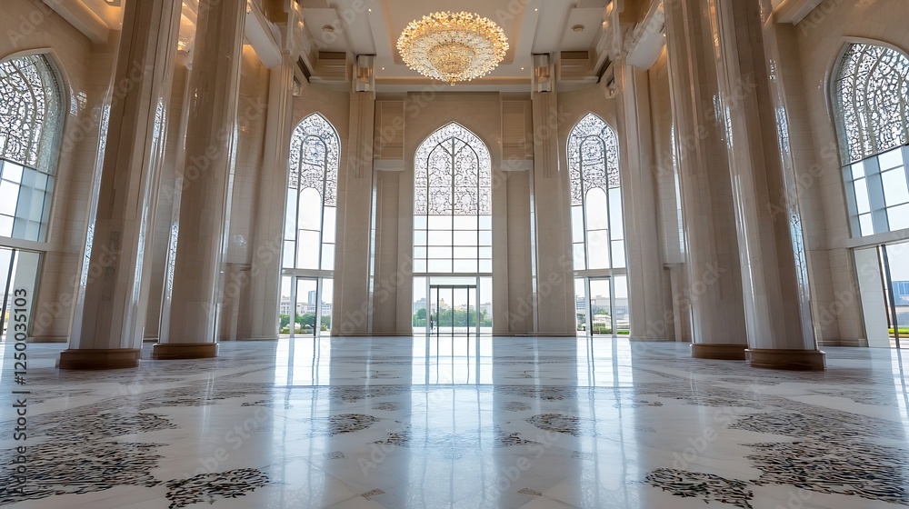 Aufkleber spacious luxurious interior view of grand hall with elaborate chandelier and elegant architecture : 