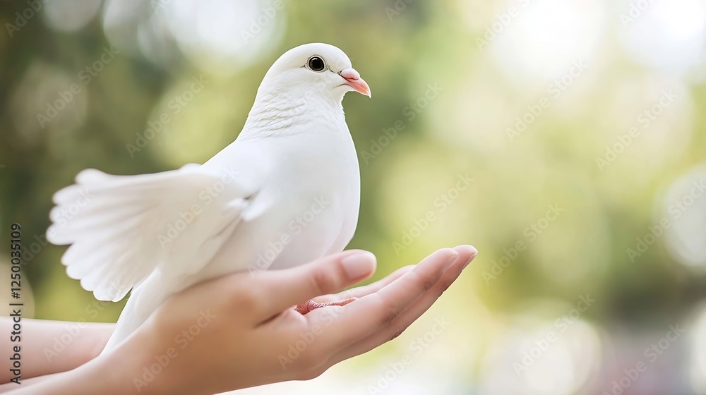 Poster graceful white dove perched on a hand symbolizing peace and serenity in a natural setting : generati
