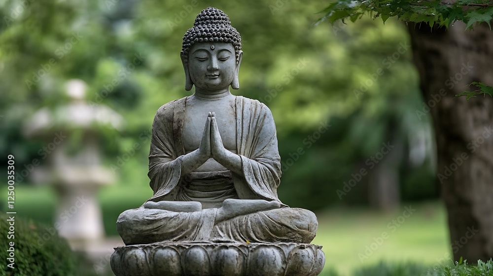 Poster serene buddha statue in tranquil garden setting for spiritual and mindfulness themes : generative ai