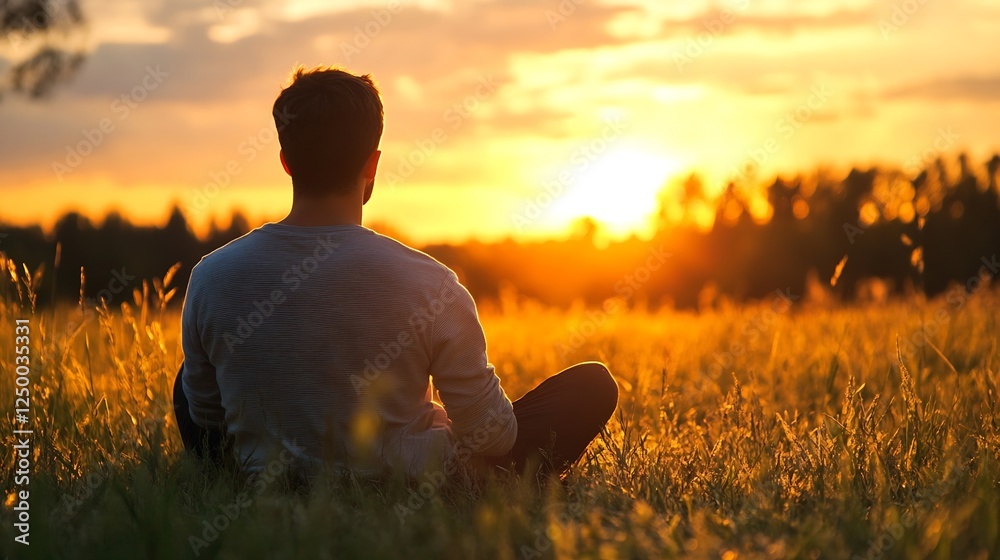 Poster silhouette of a man sitting in a field during sunset reflecting on life in a peaceful moment : gener