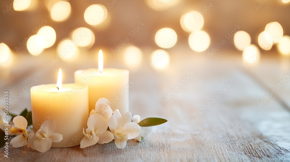 Aufkleber elegant white candles with flowers creating a cozy ambiance and warm glow in a softly lit setting : 