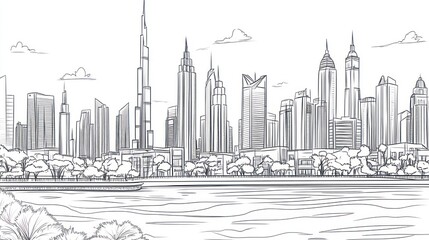 Fototapeta premium Dubai skyline sketch, waterfront park, sunny day, travel brochure
