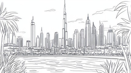 Dubai skyline sketch, waterfront view, palm trees, tourism brochure