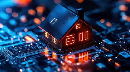Miniature House on Illuminated Circuit Board Smart Home Technology Concept