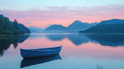 Serene sunrise over calm lake with rowboat.