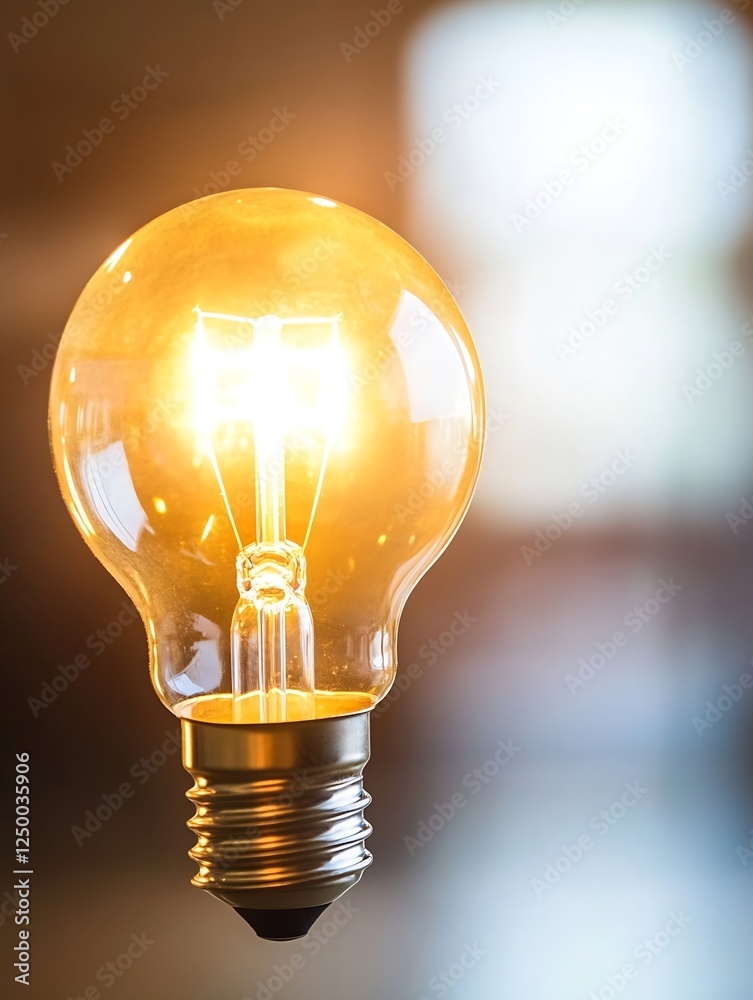 Poster bright glowing light bulb hanging in air against a blurred background : generative ai