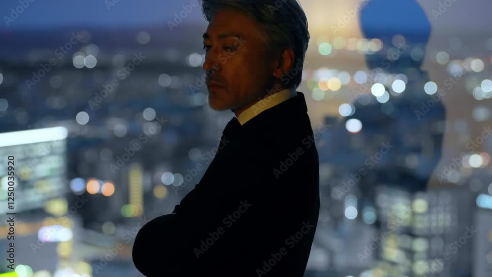 Fototapete ビジネス、シニア、ビジネスマン、男性、シルエット、悩み、夜景、トラブル、問題、残業、疲労、社長、経営者、ビジネスパーソン、上司、経営、マネジメント、企業、転職、引退、リタイア、ミドルエイジ、中高年、日