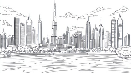 Fototapeta premium Dubai skyline sketch, cityscape, waterfront, travel, illustration