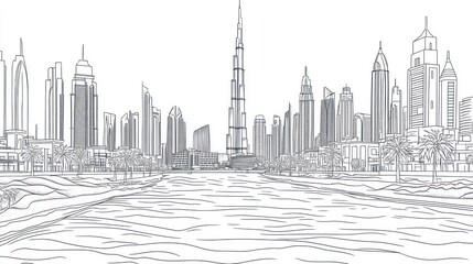 Fototapeta premium Dubai skyline, canal view, city, architectural sketch, tourism