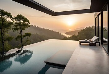 Fototapeta premium Luxurious Bedroom with Poolside View at Sunrise. Generative Ai