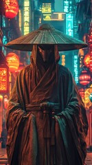 Naklejka premium Masked Figure in a Futuristic Asian Cityscape
