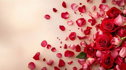 Romantic red rose bouquet with scattered rose petals on a soft beige background  The image conveys a sense of love passion and elegance perfect for Valentine s Day wedding or other romantic