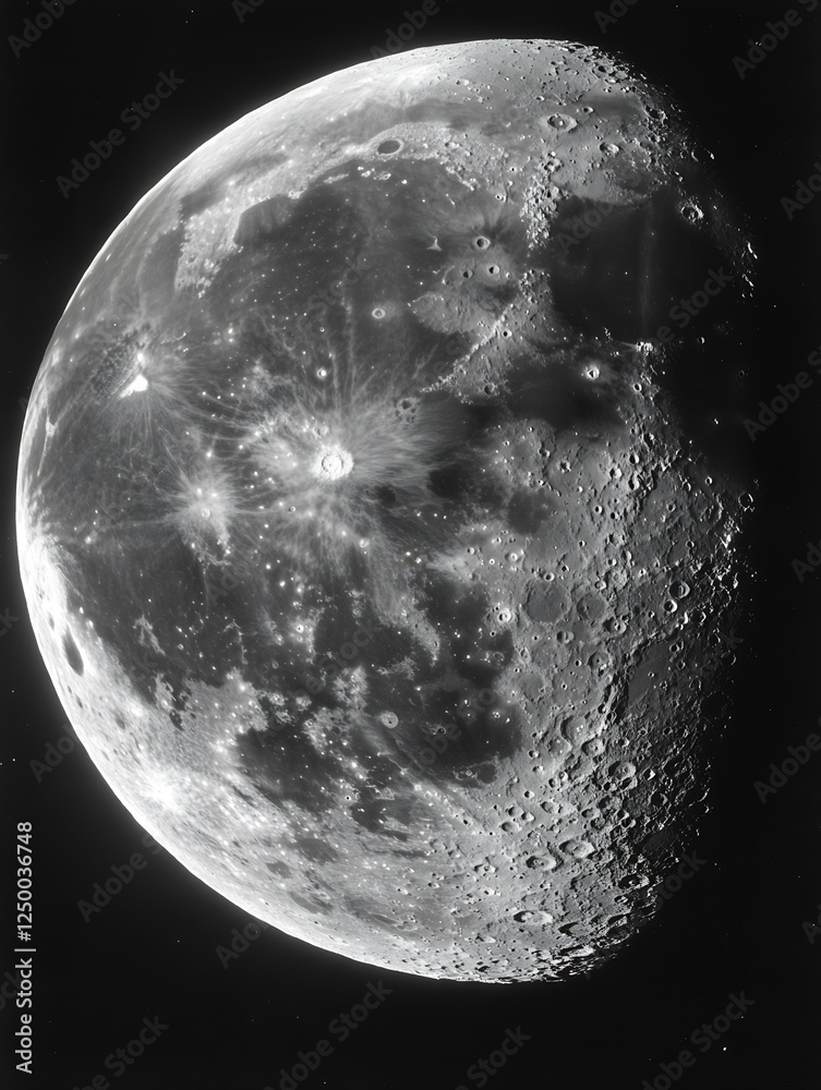 Poster detailed black and white photograph of the moon showing craters and surface features in high resolut