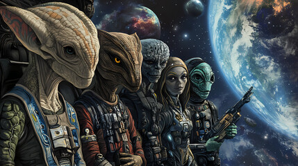 Diverse alien races gathered on a neutral futuristic space station engaging in collaborative interstellar exchange and cultural interaction. Interstellar Cultures. Illustration