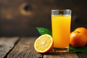 Fototapeta premium Golden tangerine juice, vibrant fruit, rustic wood , color, closeup, beverage