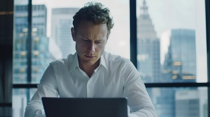 A man in a polo shirt analyzes his stocks and investments on a tablet, seated at a desk with papers and a cup of coffee, focused on his work.