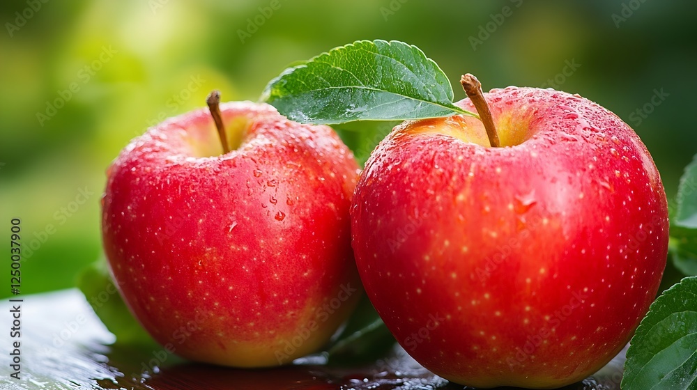 Aufkleber close up of fresh red apples with water droplets against soft green background for health and nutrit