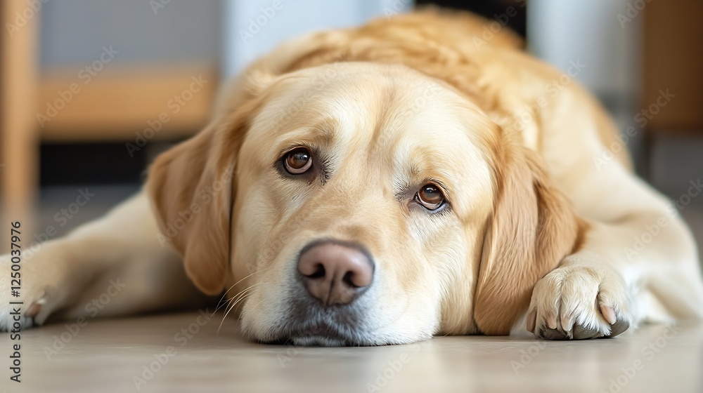 Poster adorable golden retriever dog relaxing on the floor with a hopeful expression : generative ai