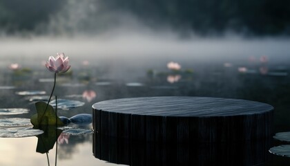Round wooden podium surrounded by lotus flowers on misty lake