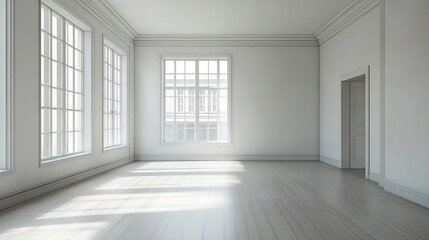Fototapeta premium Bright Minimalist Empty Room With Natural Light And Large Windows : Generative AI