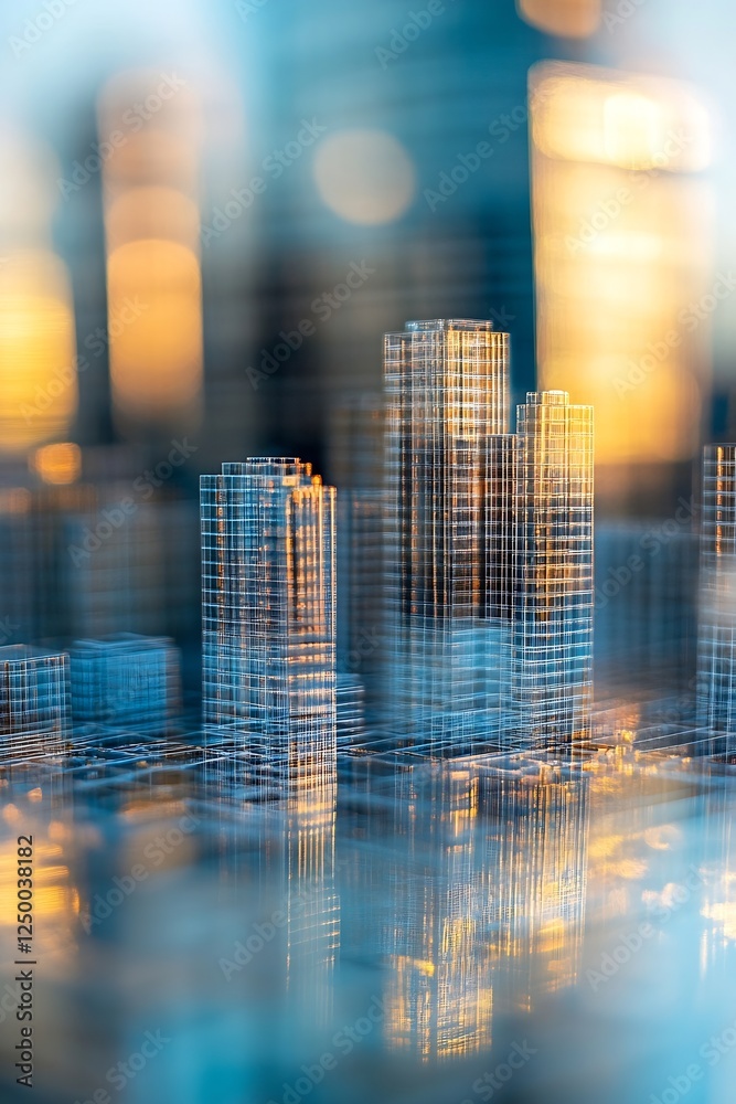 Poster abstract city skyline with blurred buildings reflecting lights and colors : generative ai