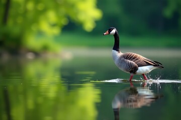 Grey goose walks by lake, vibrant greenery mirrored, riparian, vegetation, avian