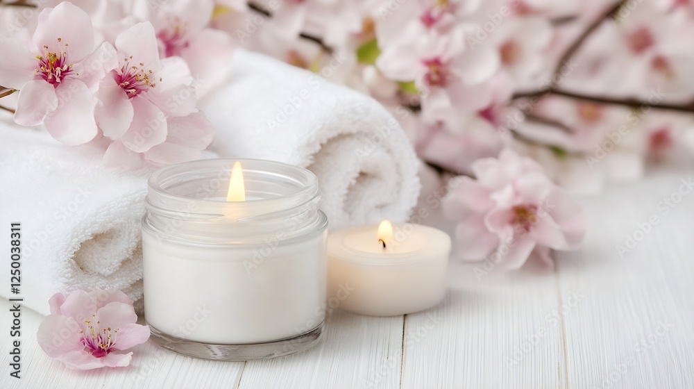 Poster relaxing spa setting with white candles and soft pink cherry blossoms : generative ai